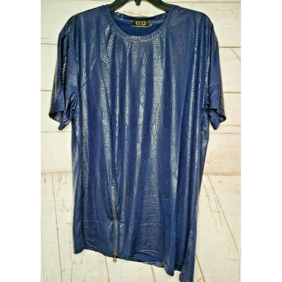 Rare Gold Leaf Navy Blue Slant Zipper Hem Leathery Feel Short Sleeve Shirt - Picture 1 of 12